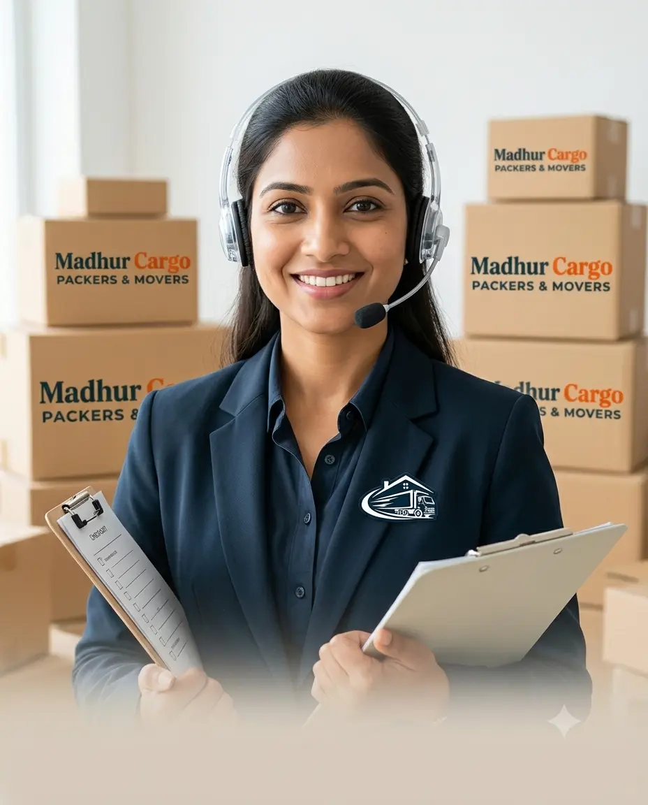 Madhur Cargo team member with a tablet among branded cartons