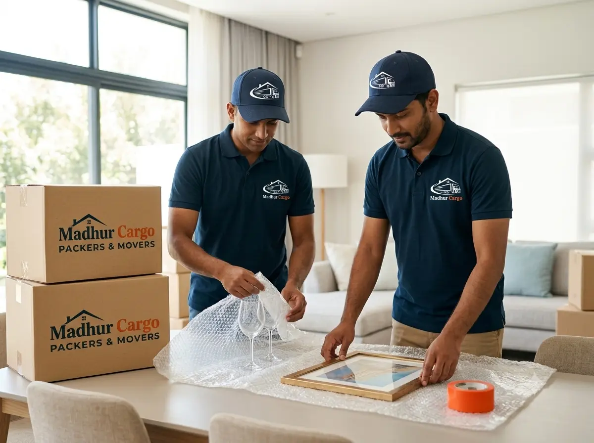 Madhur Cargo packers wrapping fragile items with bubble wrap
